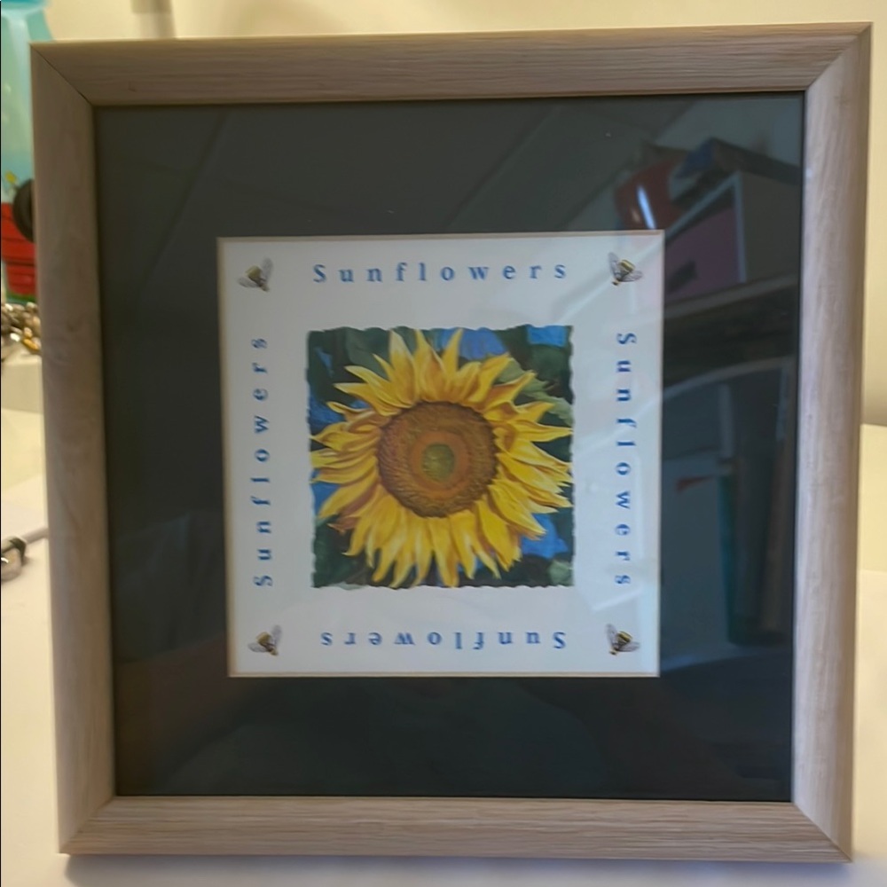 Framed Sunflower Art Print with Bumble bees. 9x9 with Natural color frame 2/$15